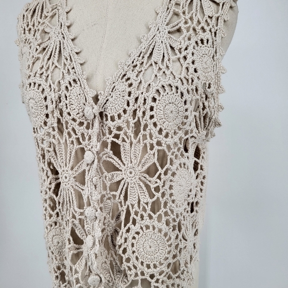 Vintage Hand Knit Floral Vest Tan Linen Cotton Boho Small - Picture 6 of 7
